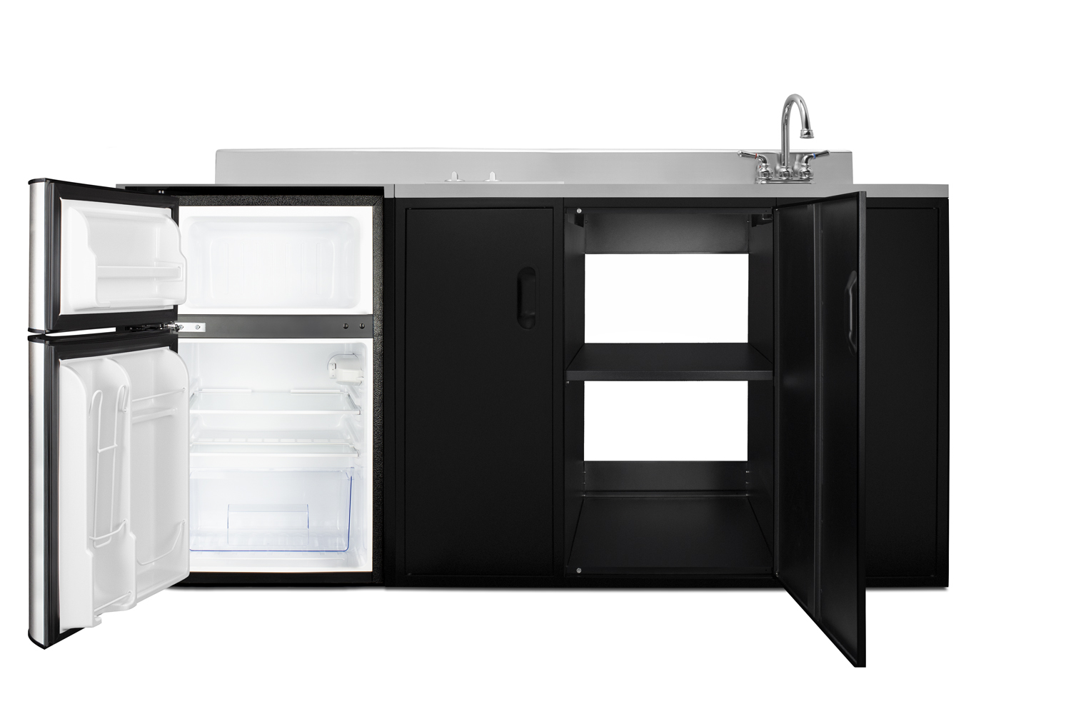 72 inch wide, ADA counter height all-in-one kitchenette in black with a 2-burner 115V smooth top cooktop, 2-door refrigerator-freezer, sink, and three storage cabinets
